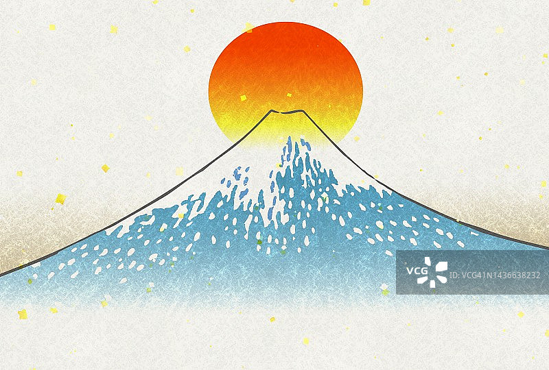 富士山和太阳的经典插图(日本明信片大小)图片素材