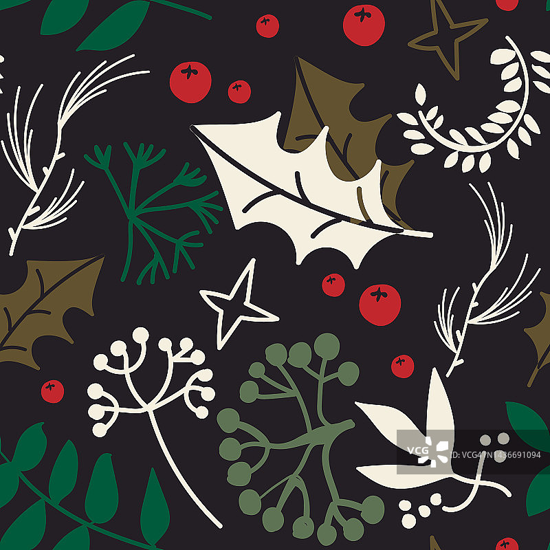 圣诞无缝模式与冷杉枝，冬青叶和浆果为贺卡，包装纸。无缝冬季图案，矢量插图图片素材