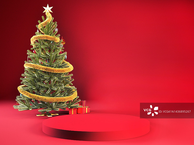 3d圣诞红色讲台或舞台背景圣诞树，新年概念场景渲染产品展示。图片素材