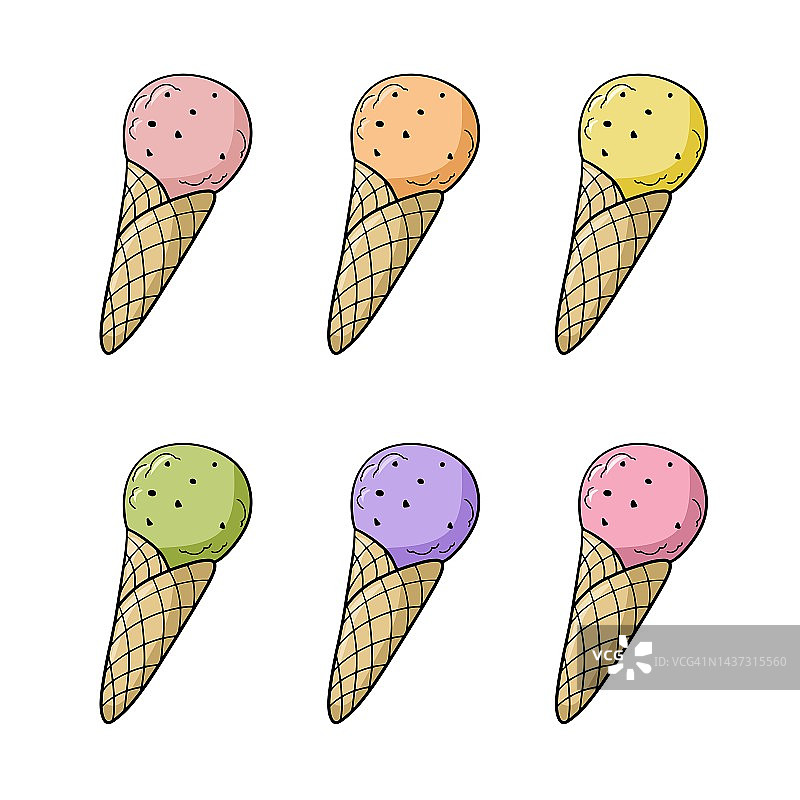 一组彩色图标，冷水果冰淇淋在华夫蛋筒和巧克力片，矢量卡通图片素材