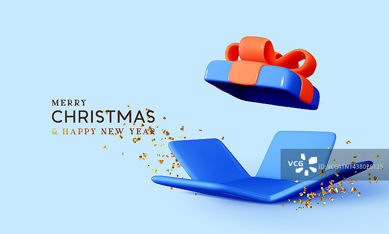圣诞快乐，新年快乐。背景与现实的3d节日开放礼盒与五彩纸屑。圣诞节销售。节日装饰蓝盒子，节日礼物惊喜。矢量图图片素材