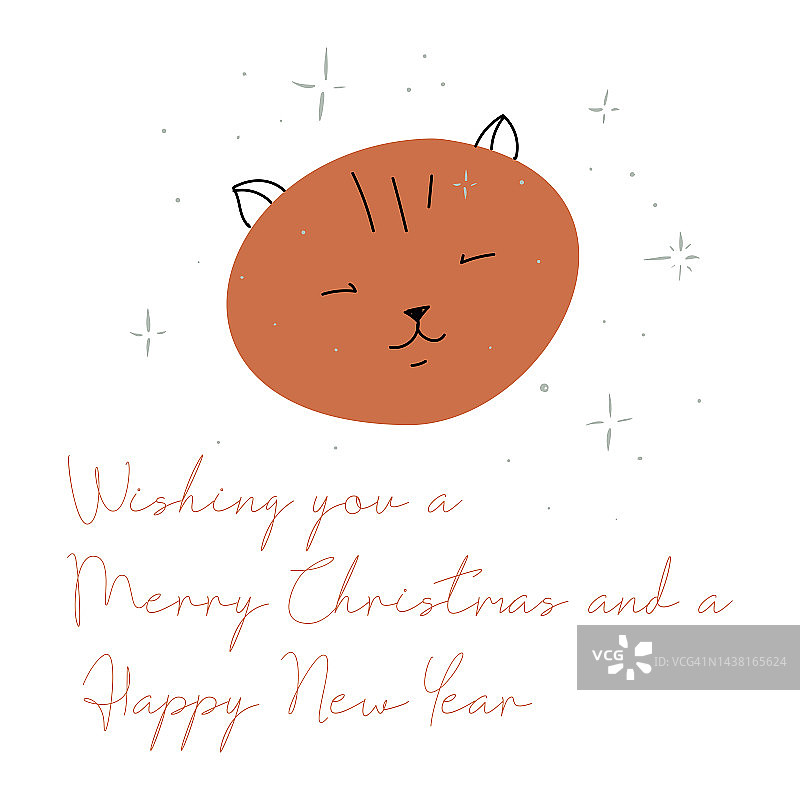 圣诞快乐，新年快乐。可爱的圣诞卡片。戴着圣诞老人帽子的毛茸茸的猫。宠物。矢量插图。图片素材
