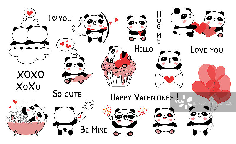 熊猫宝宝情人节套装矢量插画图片素材
