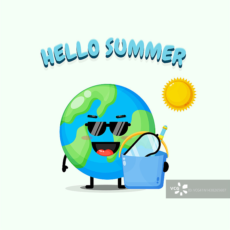 可爱的地球吉祥物提着水桶，向夏天问好图片素材