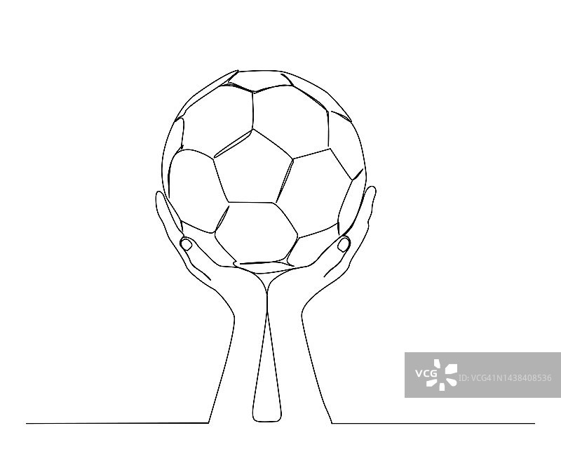 手握足球奖杯连续一幅画。足球奖杯简单的线条艺术矢量设计。图片素材
