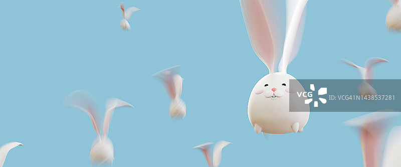 长着飞耳朵的可爱胖小白兔。使用运动模糊技术。用于横幅，广告牌。图片素材