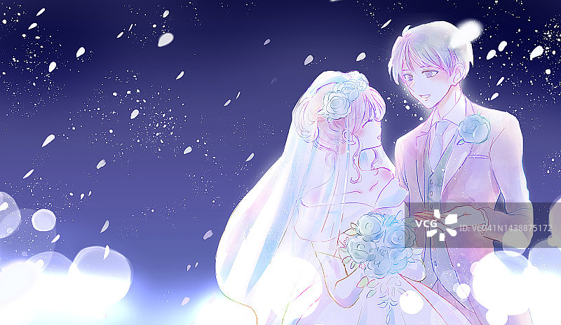 新婚的新娘和新郎在夜空中图片素材