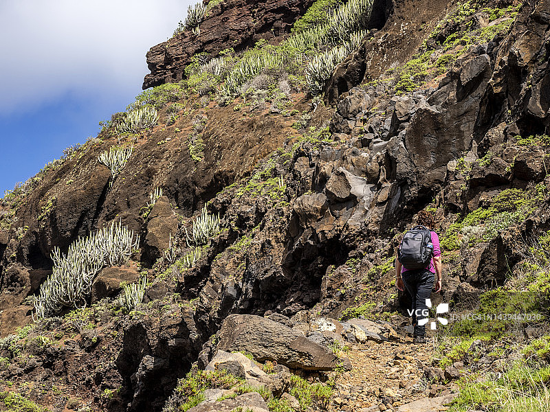 在拉帕尔马加那利岛的海边，一个女人走在山间小路上。图片素材