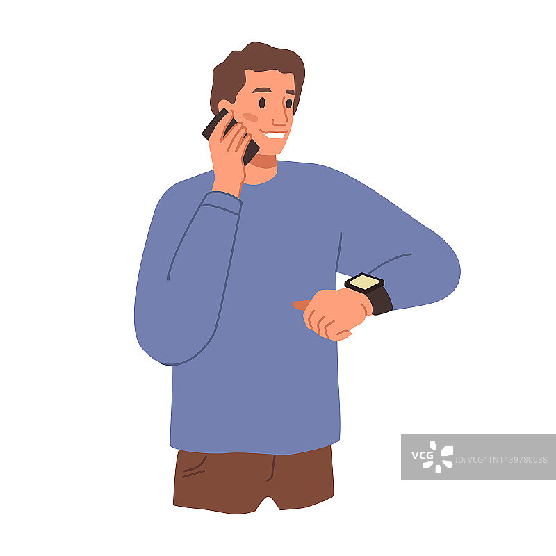 一个家伙一边说着智能手机一边看手表。男人用小工具改善生活和方便。平面卡通人物，平面风格的矢量图片素材