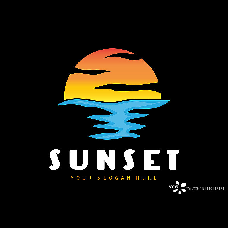 日落标志，海滩设计，河流和太阳插画，矢量享受黄昏图片素材