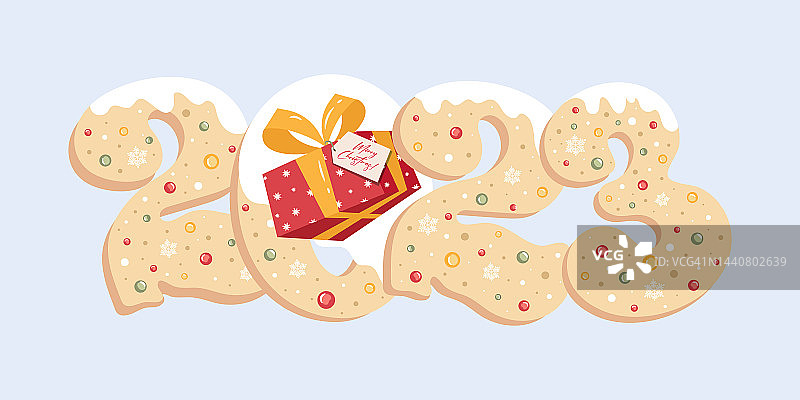 2023年圣诞饼干号新年快乐。节日的现实装饰。庆祝晚会2023，网络海报，横幅，封面卡片，小册子，传单，版式设计。白色背景图片素材
