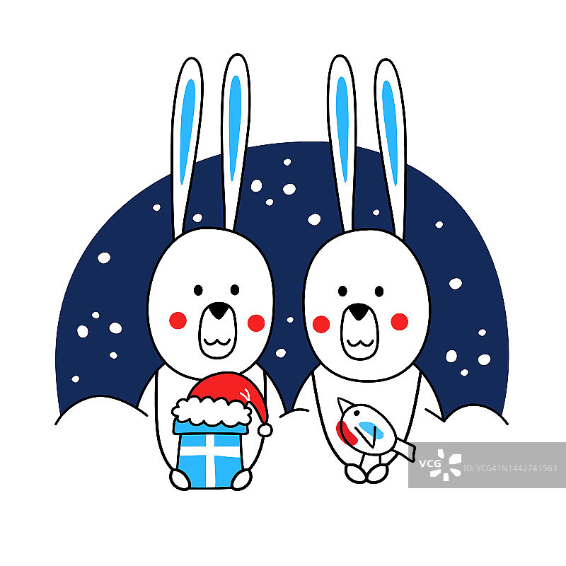 兔子们坐在雪堆里，带着一份礼物和一只红腹灰雀。蓝色背景上可爱的风格化动物。新年主题的矢量插图。图片素材