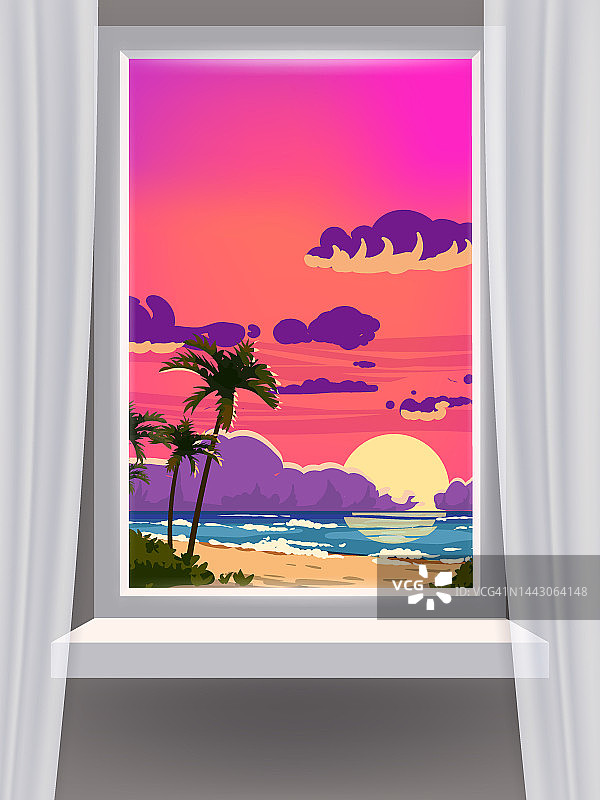 窗口视图内部，最小的热带景观，棕榈树，日落，云，海滩，大海，海洋，沿海城镇，山脉图片素材