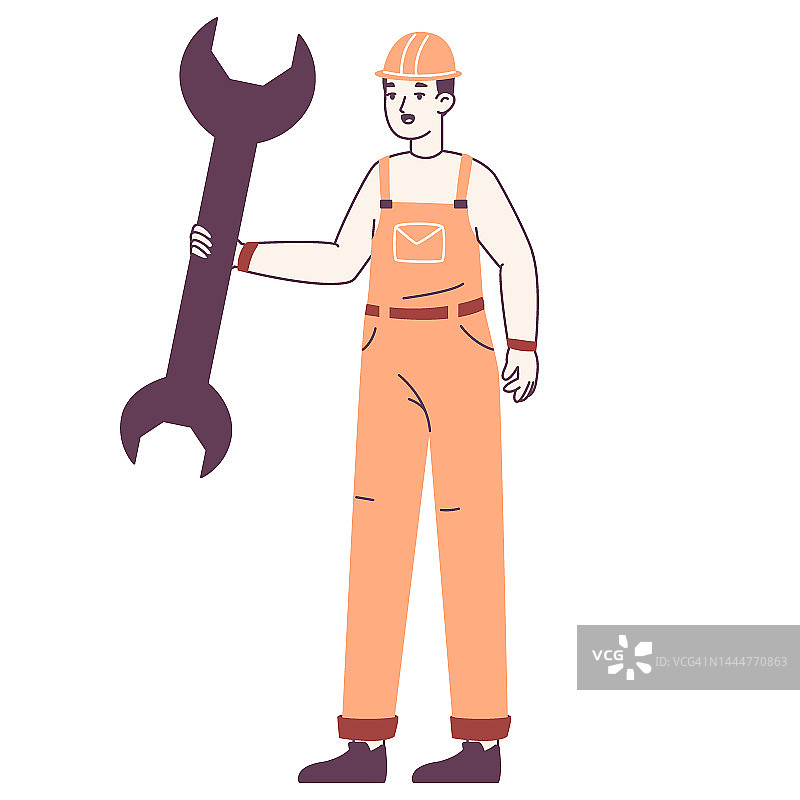 建筑工人拿着巨大的扳手。修理工，水管工或建筑工人穿着专业制服平面矢量插图在白色背景图片素材