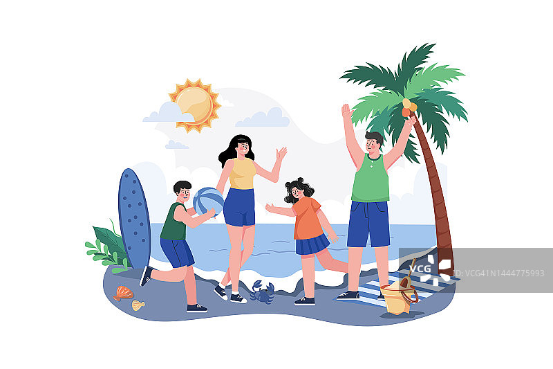 家庭海滩度假插图概念。孤立在白色背景上的平面插图图片素材