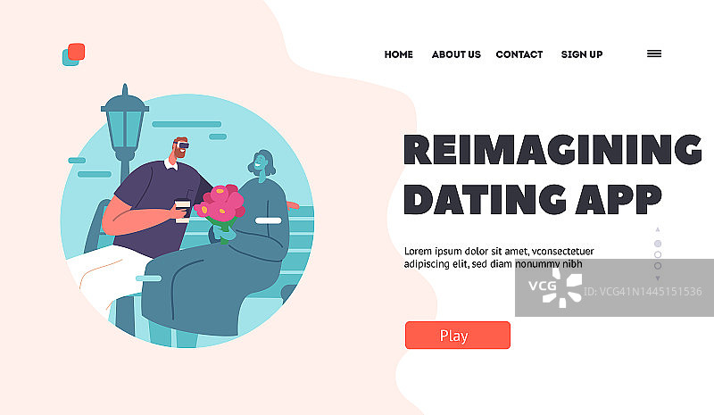 创新的约会App登陆页面模板。戴着Vr眼镜的年轻夫妇坐在城市公园的长凳上。浪漫的关系图片素材