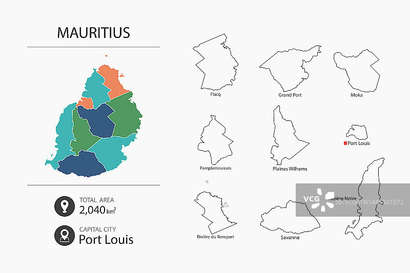 毛里求斯地图与详细的国家地图。地图元素的城市，总面积和首都。图片素材