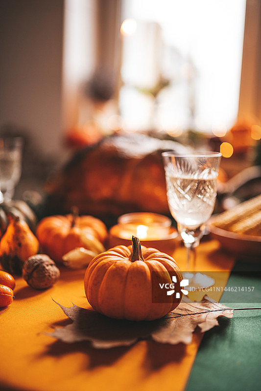 感恩节餐桌上的秋季装饰和南瓜图片素材