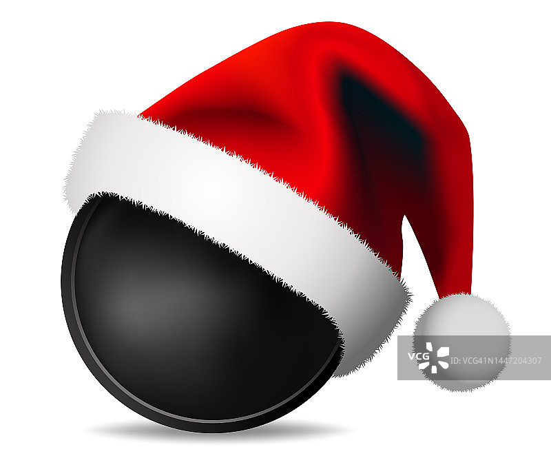 圣诞冰球和圣诞老人帽子-运动球的概念-孤立在白色背景-矢量新。图片素材