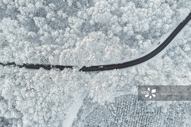 无人机视图蜿蜒的道路通过冬季森林覆盖的雪图片素材