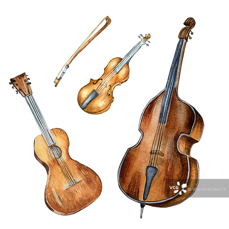 吉他，小提琴，违禁品乐器水彩插图孤立。图片素材