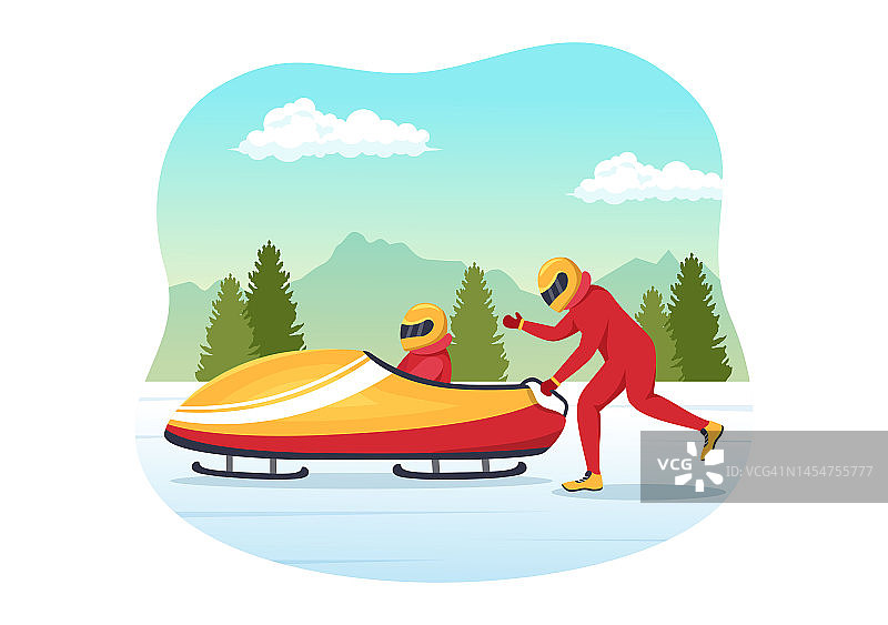 运动员骑雪橇雪橇插图与雪，冰和雪车轨道竞赛在冬季体育活动平面卡通手绘模板图片素材