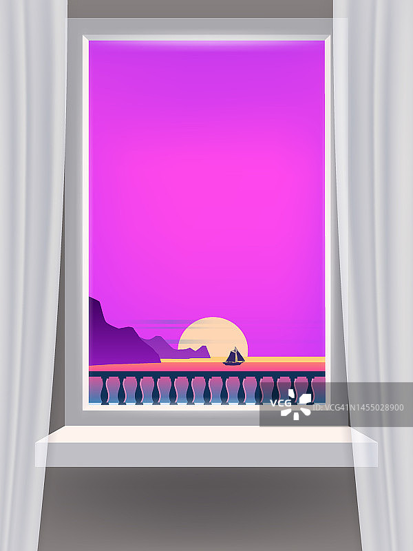 窗口视图内部，最小的热带景观，日落，云，海，海洋，帆船图片素材