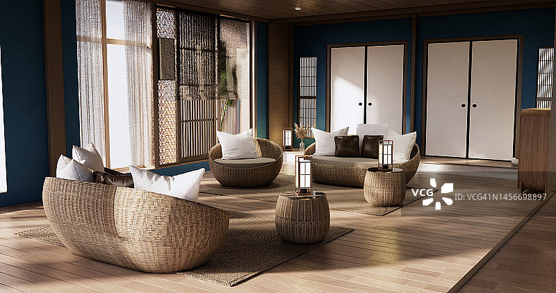 极简的室内设计，沙发家具和植物，现代的蓝天房间设计。图片素材