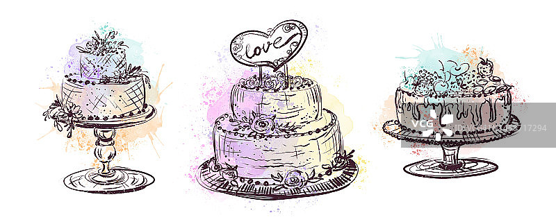 白色背景的婚礼蛋糕，手绘草图。图片素材