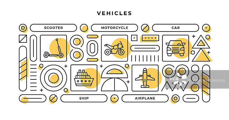 车辆信息图表概念与几何形状和踏板车，摩托车，汽车，飞机线图标图片素材