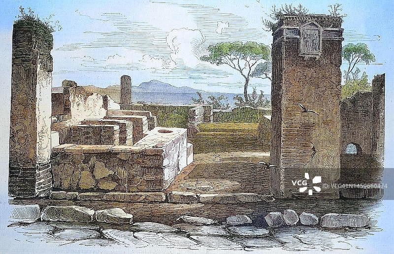 庞贝古城发掘区一个旅舍的废墟，1869年，意大利，历史上，一幅19世纪原始绘画的数字修复复制品，确切的原始日期未知图片素材
