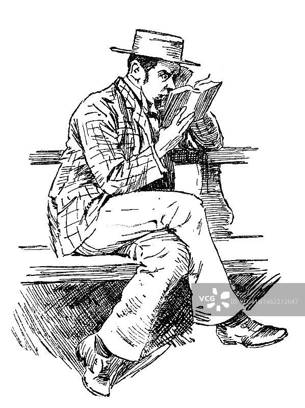 一个男人坐在长凳上，把一本书放在离脸很近的地方读，白色的背景图片素材