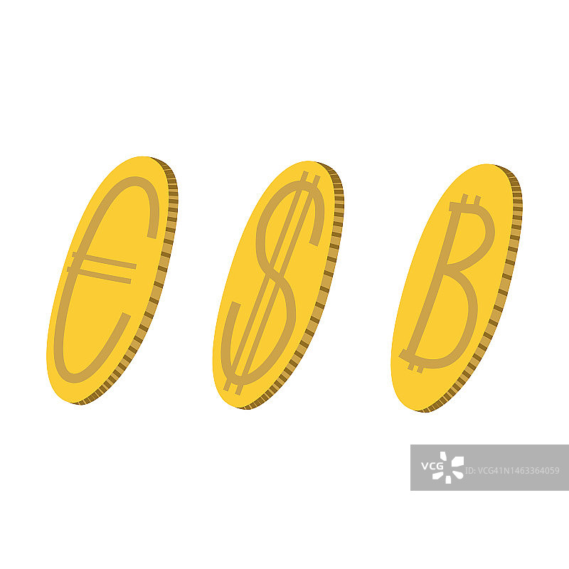 欧元、美元和比特币的金属硬币在白色背景上转向一侧。图片素材