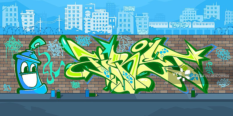 五彩缤纷的户外城市街头艺术涂鸦墙，以城市景观矢量插图为背景图片素材