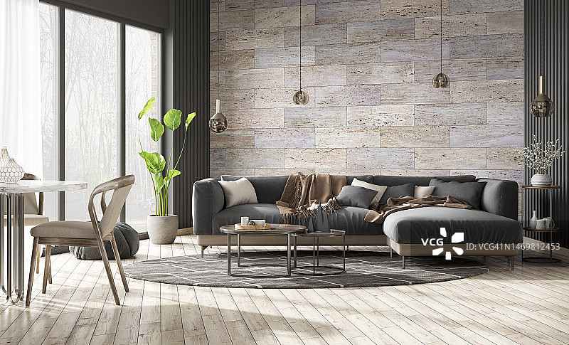 室内设计现代化的公寓，客厅用黑色沙发越过石瓦墙。家庭内部。三维渲染图片素材
