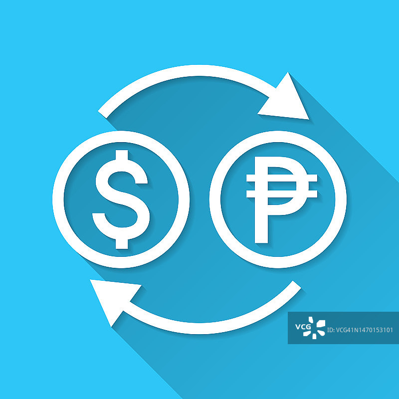 货币兑换-美元比索。图标在蓝色背景-平面设计与长阴影图片素材