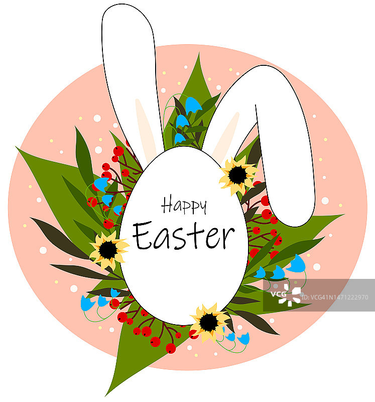 复活节贺卡，复活节兔子，花和蛋。图片素材