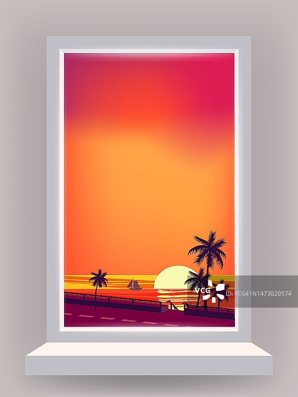 窗口视图内部，最小的热带景观，棕榈树，日落，云，海滩，大海，海洋，道路图片素材