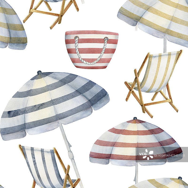 手绘水彩沙滩条纹椅包伞无缝图案。孤立在白色背景上。设计墙面艺术，婚庆，印花，面料，封面，卡片，旅游，旅游小册子。图片素材