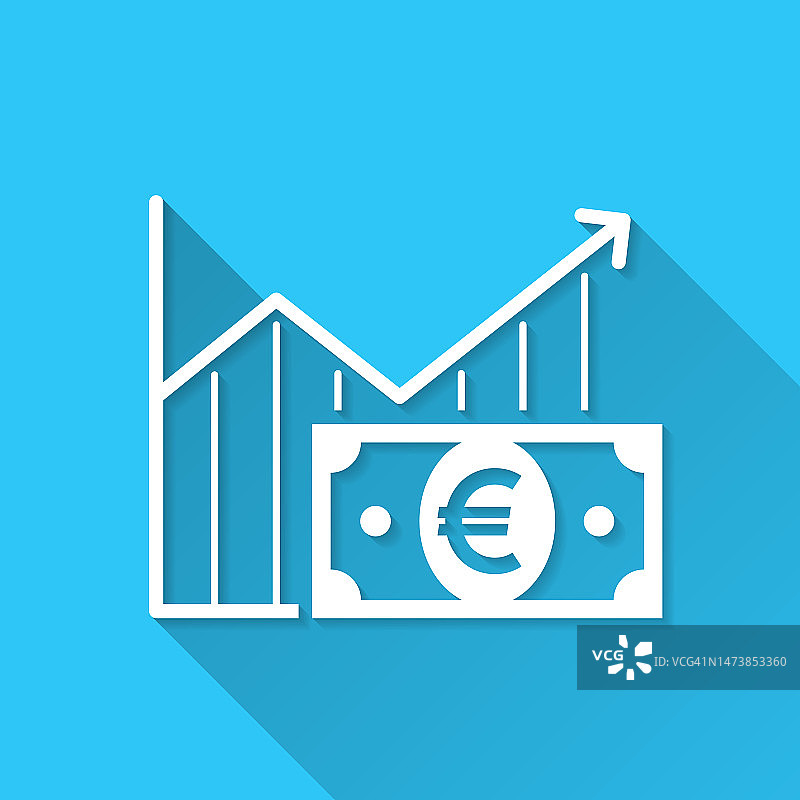 欧元钞票的增长图。图标在蓝色背景-平面设计与长阴影图片素材