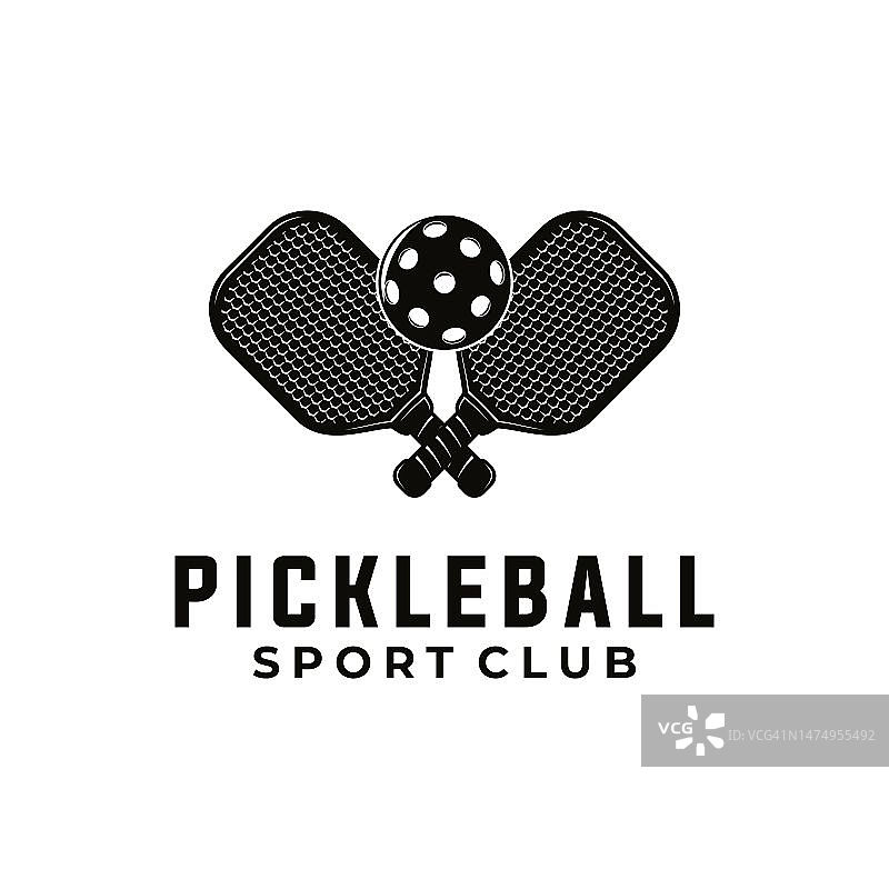 泡菜球运动图形模板。匹克球俱乐部游戏锦标赛矢量插图。图片素材