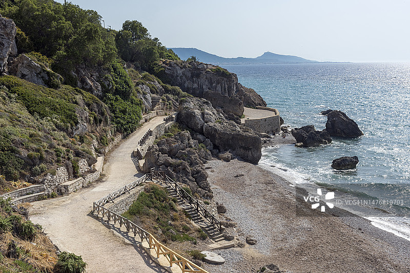 著名的长长的阿克蒂米亚利沙滩，位于希腊罗德岛西侧，有人行道图片素材