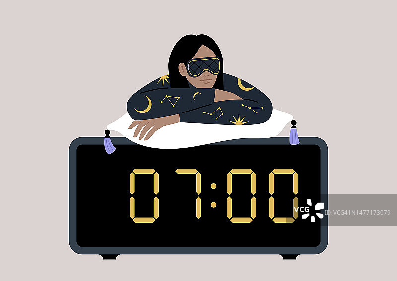 一个年轻的白人女性角色，穿着睡衣，戴着面具，斜靠在一个巨大的数字闹钟上图片素材