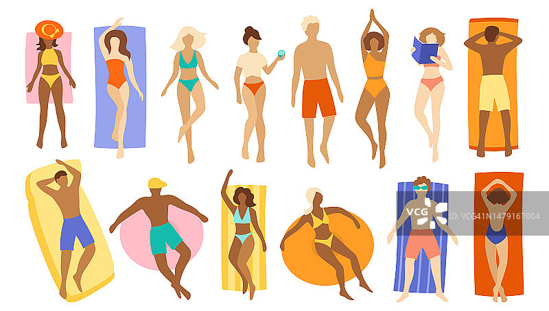 人们海滩海滨放松卡通集女子男子泳装各种姿势游泳日光浴图片素材