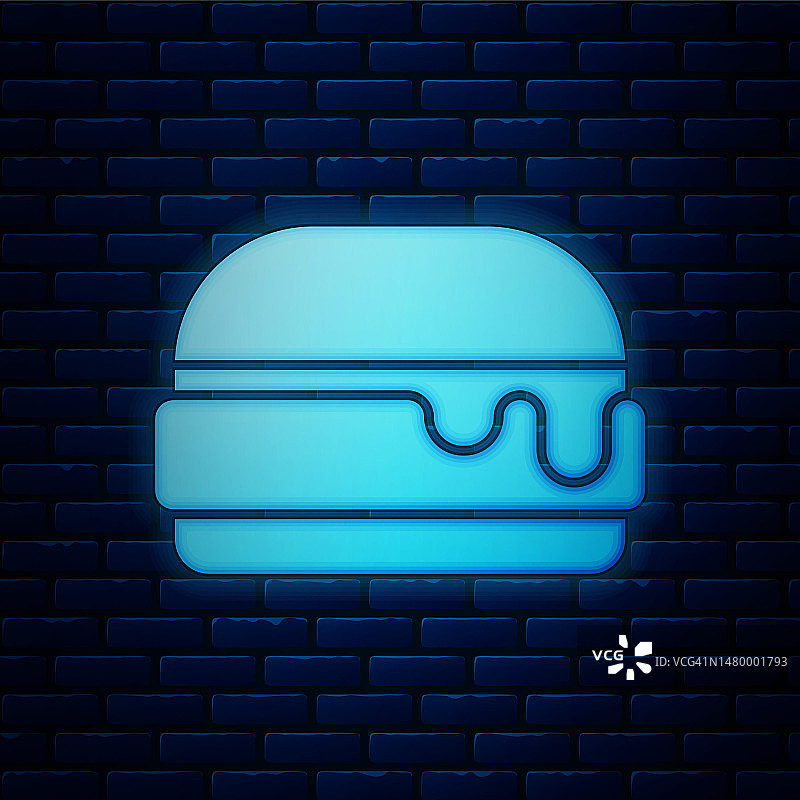 发光的霓虹灯汉堡图标孤立在砖墙背景。汉堡图标。芝士汉堡三明治标志。快餐菜单。向量图片素材