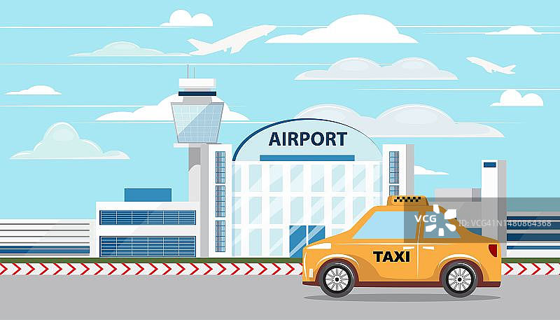 一辆黄色出租车在机场大楼旁行驶。图片素材
