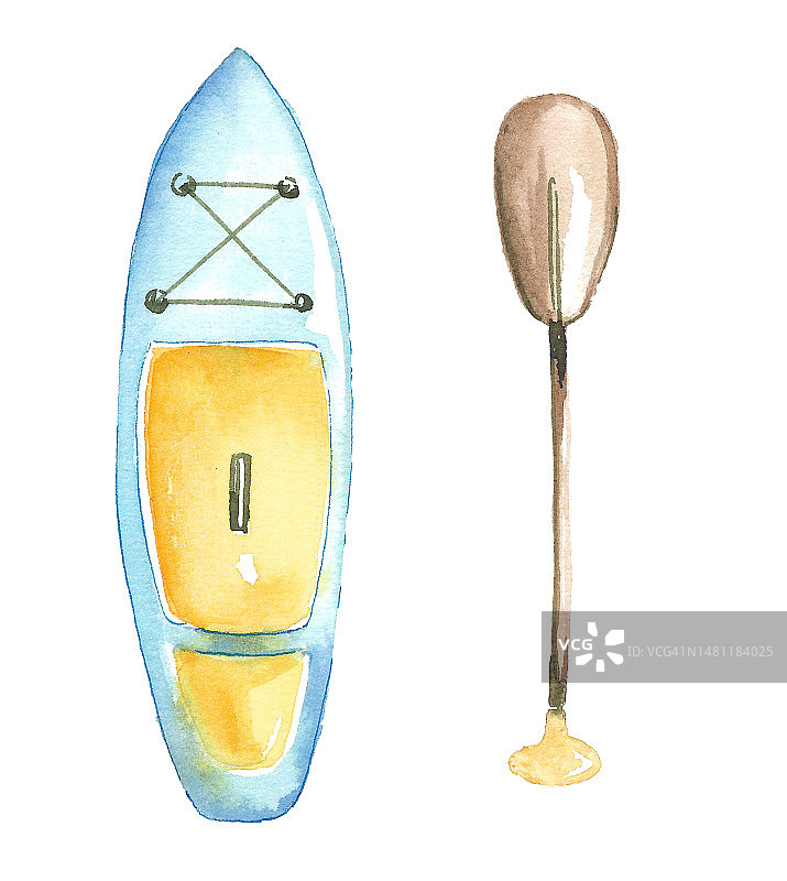 蓝色充气冲浪板与桨。图片素材