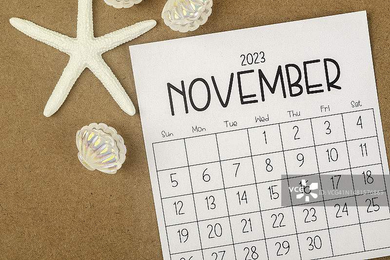 日历桌2023:11月是组织者用海星和贝类在棕色纸背景下进行计划和截止日期的月份。图片素材