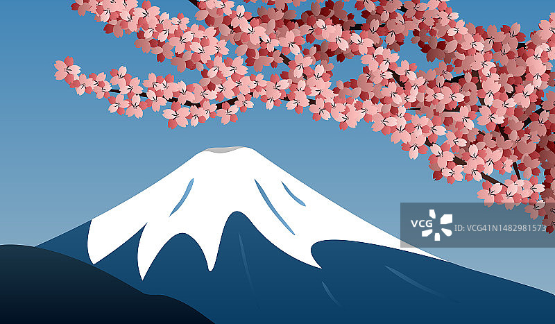 富士山和樱花枝叶——日本的风景画。粉红色的樱桃枝。雪山。去日本旅游图片素材