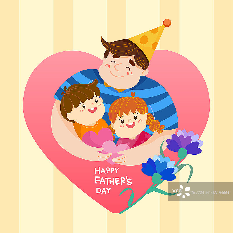 幸福家庭插图。父亲节快乐。父亲高兴地抱着他的孩子在心形的背景。矢量插图。图片素材